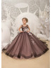 Chocolate Lace Tulle Horsehair Hem Pearl Buttons Back Flower Girl Dress